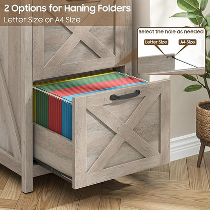 2 Drawer Small File Cabinet, Farmhouse Vertical Filing Cabinet Fits Letter and A4 Size, Under Desk Wooden File Cabinets for Home Office, Printer Stand, Grey