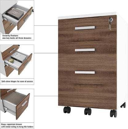 Modern Design Lazio File Cabinet, Filing Cabinets for Home Office, Drawers for Under Desk, Locking 3 Drawer Rolling Filing Cabinet with Lock, Walnut and White, by Crafts and Comfort