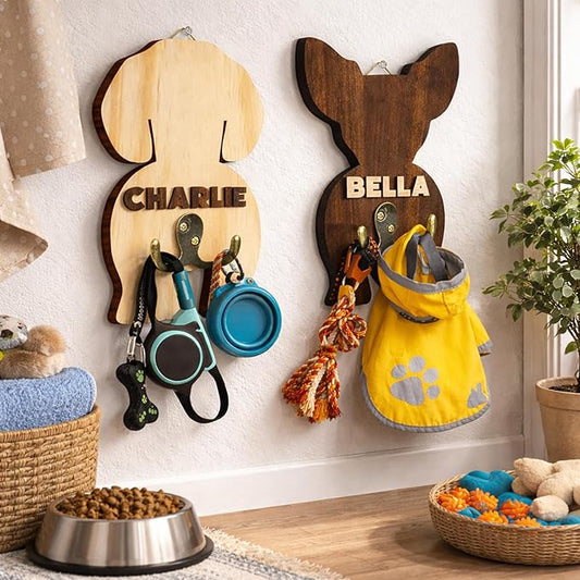 Personalized Dog Leash Holder, Custom Wooden Dog Wall Hook with Name, Wall Mounted Pet Harness Holder, Entryway Organizer for Leashes, Keys and Collars, Gift for Pet Lovers, Home Décor