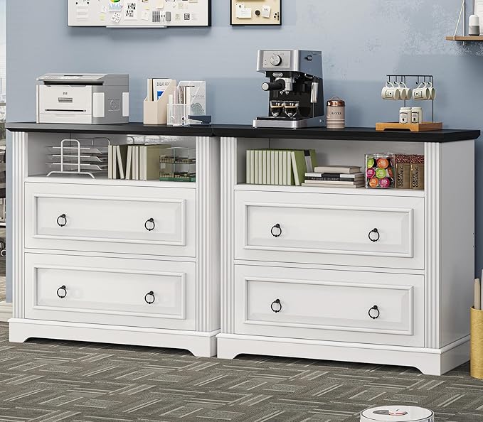Itaar 2 Drawer File Cabinet, Farmhouse Filing Cabinet for Home Office Fits Letter, Legal, A4 Size, Wood Lateral File Cabinet with Printer Stand, Storage Shelf, White