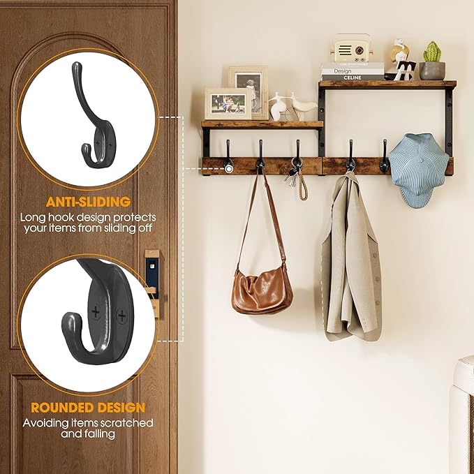 Homeiju 28.7" Coat Rack Wall Mount with Shelf, Key Hooks for Wall with Shelf, Coat Hooks Wall Mounted with 6 Heavy Duty Double Hooks for Bedroom,Living Room, Rustic Brown