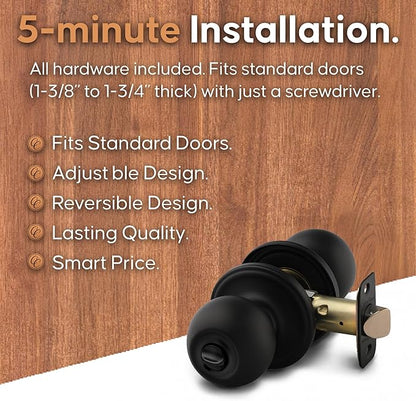 Copper Creek Privacy Interior Door Knob – ANSI Grade-3 Certified, Modern Heavy Duty Handle, Easy Install and Reversible for Bedroom, Bathroom and Closets – Matte Black (1 Pack)