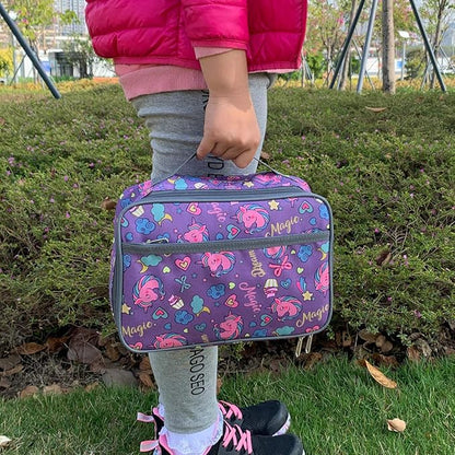 FlowFly Kids Lunch box Insulated Soft Bag Mini Cooler Back to School Thermal Meal Tote Kit for Girls, Boys, Purple Unicorn
