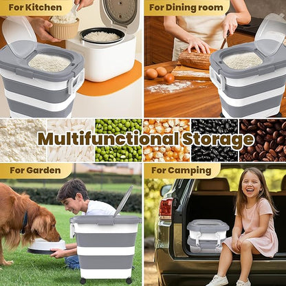 HOYTAMDA 25-35Lbs Rice Container,Collapsible Airtight Food Storage Containers with Wheels,Handle,Rice Storage Container with Small Bin and Scoop,Rice Dispenser for Flour Sugar Cereal Grain Dog Cat