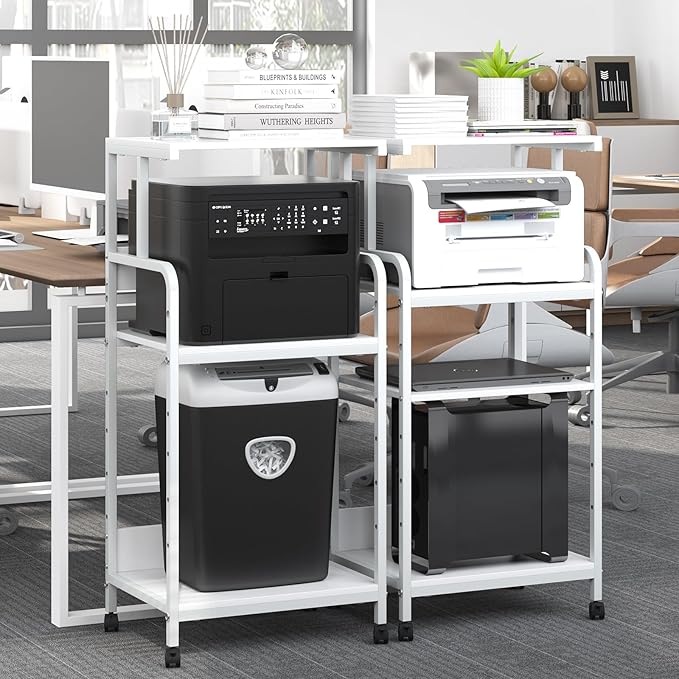 4-Tier Printer Stand with Storage Shelf, Mobile Printer Table for Home Office, Adjustable Stand for Printer, Scanner, Fax (White)