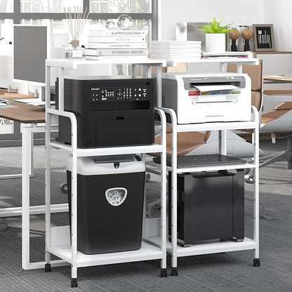 4-Tier Printer Stand with Storage Shelf, Mobile Printer Table for Home Office, Adjustable Stand for Printer, Scanner, Fax (White)