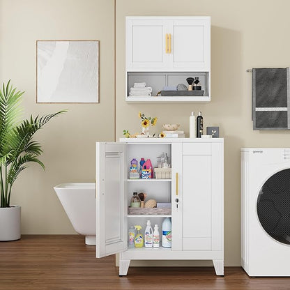 36" Metal Floor Storage Cabinet, Locked Steel Storage Cabinets with 2 Doors and 2 Adjustable Shelves, White Kitchen Cabinet, Freestanding Cabinet for Home/Office/Garage/Tool Room/Bathroom