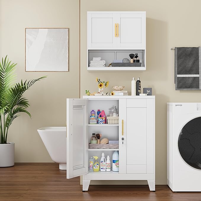 36" White Floor Storage Cabinet, Locked Metal Storage Cabinets with 2 Doors and 2 Adjustable Shelves, Sideboard Buffet Cabient, Freestanding Cabinet for Home/Office/Garage/Tool Room/Bathroom