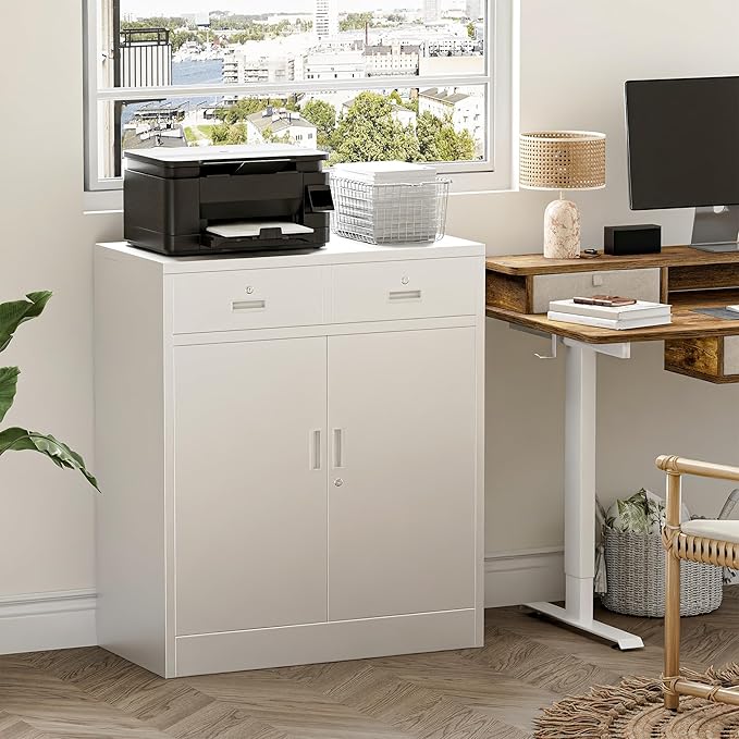 Metal Storage Cabinet with 2 Drawers 36" H,White Metal Garage Cabinets with 2 Lockable Doors and Adjustable Shelves Easy to Assemble for Home Office, Kitchen,Pantry,Garage,Warehouse