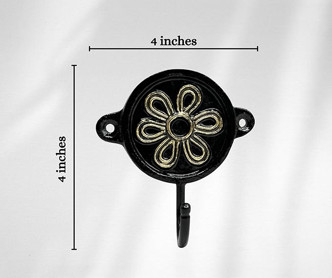 Aluminium Flower Print (1-Pack) Single Wall Hooks, Black Themed Hooks for Hanging Leash-Wall Mount Hanger, Organization Decorative Wall Hook (Flower)