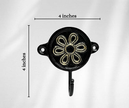 Aluminium Flower Print (1-Pack) Single Wall Hooks, Black Themed Hooks for Hanging Leash-Wall Mount Hanger, Organization Decorative Wall Hook (Flower)