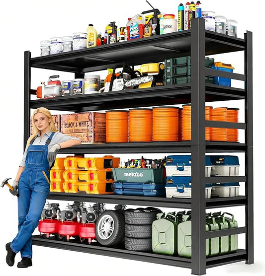 88" H Garage Shelves Heavy Duty 5-Tier, 48" W x 24" D Garage Shelving Unit, Adjustable Metal Storage Shelf with Guardrails, Rack for Garage, Basement, Pantry & Warehouse Storage, Black