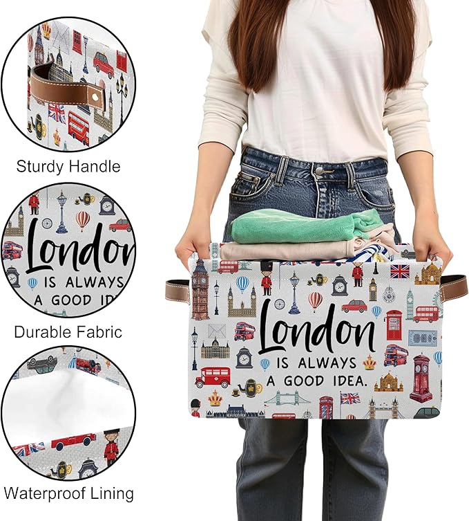 London Themed Storage Basket, Collapsible Souvenir Bin with Handles for London Lovers -Red Bus & Big Ben Print Organizer for Travel Keepsakes, Kids Room, London Travel Gifts