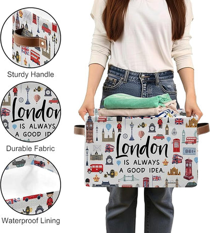 London Themed Storage Basket, Collapsible Souvenir Bin with Handles for London Lovers -Red Bus & Big Ben Print Organizer for Travel Keepsakes, Kids Room, London Travel Gifts