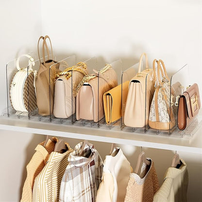 Stackable Bag & Purse Organizer for Closet Acrylic Shelf Dividers for Closet Organization, Clear Handbag Purse Storage Organizer Divider, Keep Clutch, Wallet, Pocketbook Upright, 6 Pack