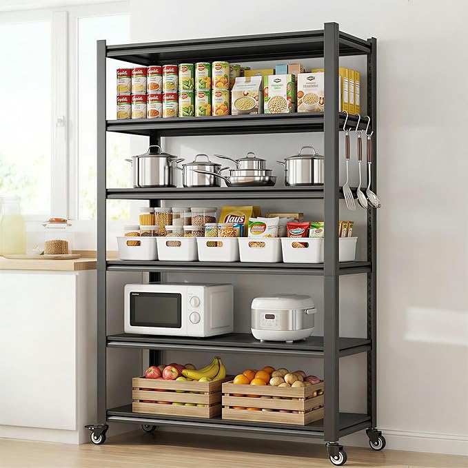 5-Tier Heavy Duty Storage Shelves with Lockable Casters - 3000LBS Capacity with No-Sag Aluminum Boards, Commercial Storage Rack for Garage, Warehouse, Kitchen, 72" Hx31.5 Wx17 D