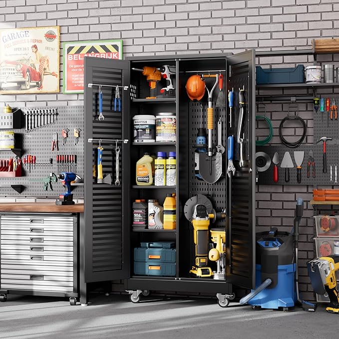 Metal Broom Closet Storage Cabinet with Hanging Rod, Garage Storage Cabinet with Wheels and 4 Shelves, Pegboard and 13 Hooks for Garage Home, Black, Assembly Required