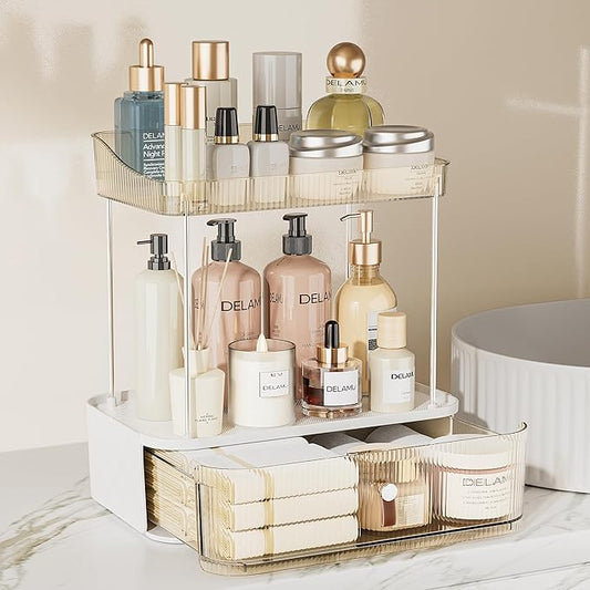 Delamu 3-Tier Bathroom Counter Organizer with Drawer, Multi-Purpose Makeup Organizer Countertop for Vanity, Large Cosmetic Display Case Perfume Tray Skincare Organizers, Amber