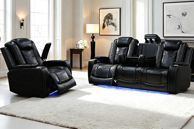 Black Leather Power Recliner Sofa Chair Sets with LED and Arm Storage, Leather Living Room Reclining Sofa, Power Recliner Living Room Furniture Sets with Reading Lights/LED/Cup Holders