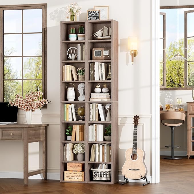 FOTOSOK 2 Pcs 71'' Tall Narrow Bookshelf, 8-Tier Media Tower Rack Set of 2, CD DVD Storage Cabinet with Adjustable Shelves, Tall Narrow Bookcase Skinny Display Bookshelf Slim Shelf, Oak