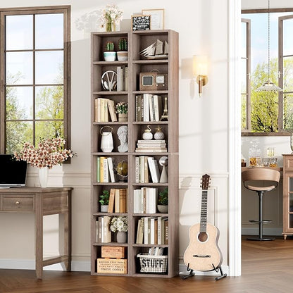 FOTOSOK 2 Pcs 71'' Tall Narrow Bookshelf, 8-Tier Media Tower Rack Set of 2, CD DVD Storage Cabinet with Adjustable Shelves, Tall Narrow Bookcase Skinny Display Bookshelf Slim Shelf, Oak