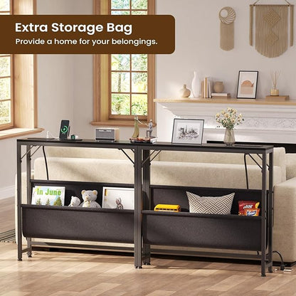 31.5'' Small Console Table with Charging Station and Storage, Entryway Table Narrow with Power Outlets and USB Ports, Skinny Sofa Table, for Living Room, Foyer, Entryway, Hallway, Black