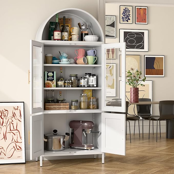 Metal Arched Pantry Cabinet with 2 Drawers,White Arched Kitchen Pantry Cabinet with Glass Door for Kitchen Home, Assemble Required,White,72.76"×30.83" W×16.10" D