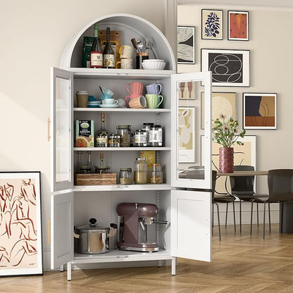 Metal White Arched Pantry Cabinet with 4 Doors,Arched Bookcase Cabinet with 2 Adjustable Shelves for Kitchen Home Office,Required Assembly