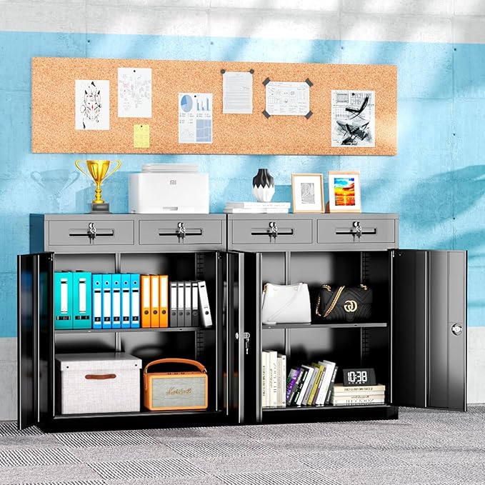 INTERGREAT Metal Garage Storage Cabinets with Lock,Steel Storage Cabinet with 2 Doors and 2 Adjustable Shelves, Small Lockable Office Steel Cabinet for Home, Warehouse, School(Black)