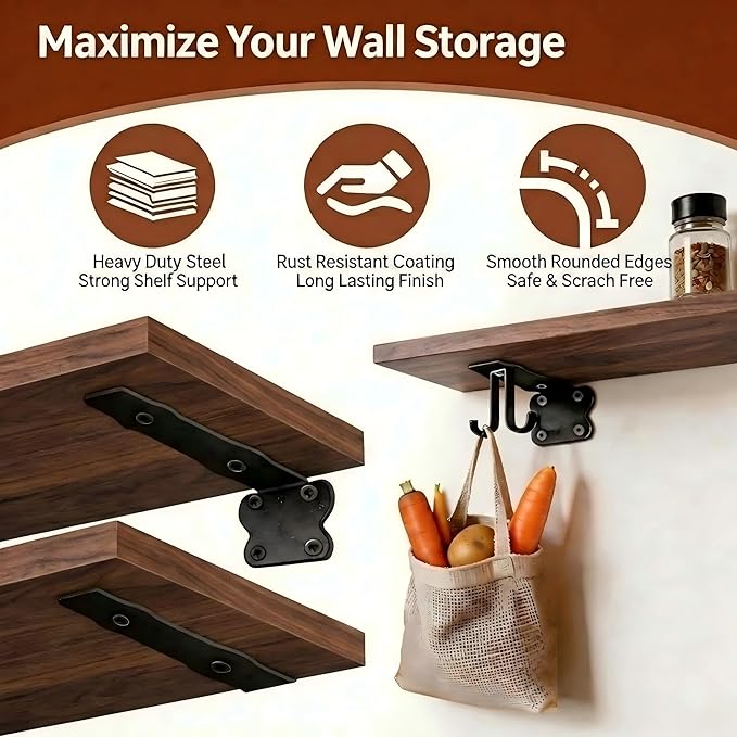 5 Inch Black Shelf Brackets, Floating Shelf Bracket with 4 Detachable Hooks, Wall Mounted, Supports Up to 150 lbs, Iron Metal L Bracket for DIY Storage
