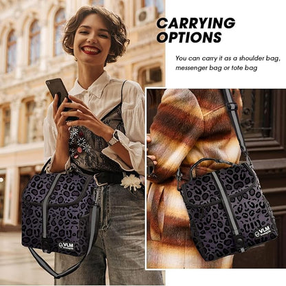 VLM Lunch Bags for Women,Leakproof Insulated Floral Lunch Box with Adjustable Shoulder Strap Reusable Zipper Cooler Tote Bag for Work,Picnic,Camping Leopard-Purple