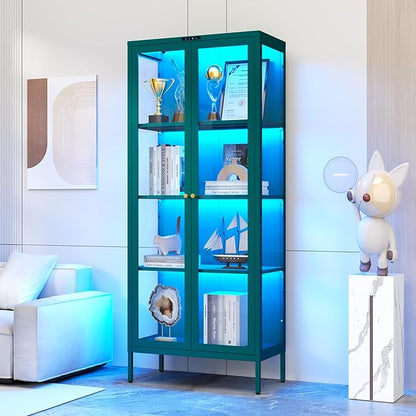 Glass Display Cabinet with Glass Doors, Metal Curio Cabinet with 8-Color LED Lights, 66 Inch Tall Display Case for Collectibles, Green Storage Cabinet for Living Room, Assembly Required