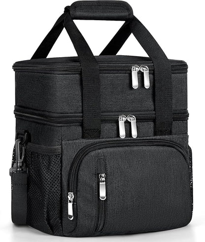 Insulated Lunch Bag for Men & Women, Double Leakproof Lunch Box Soft Cooler Tote with 5 Pockets, 600D Oxford, EVA Lining, Adjustable Strap for Work, Picnic, Beach&Travel-Black