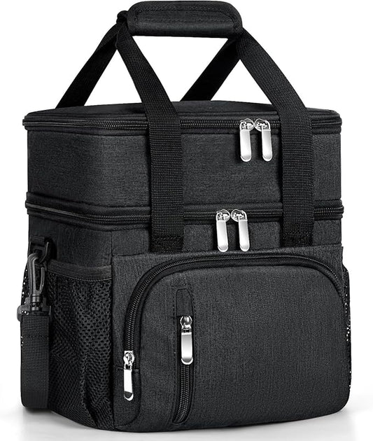 Insulated Lunch Bag for Men & Women, Double Leakproof Lunch Box Soft Cooler Tote with 5 Pockets, 600D Oxford, EVA Lining, Adjustable Strap for Work, Picnic, Beach&Travel-Black