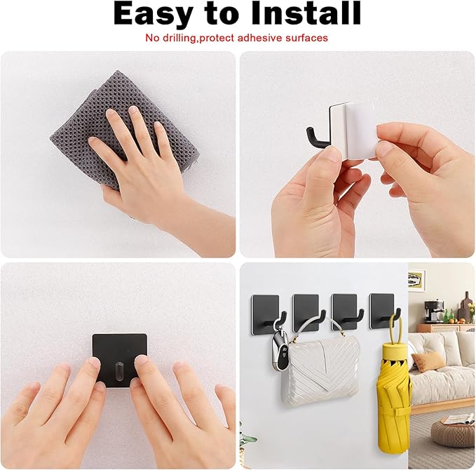 Livabber Adhesive Towel Hooks, 304 Stainless Steel Self Sticky Wall Hooks Waterproof Shower Hooks for Robe/Clothes, No Drilling Towel Hangers for Bathroom Kitchen Bedroom (Black, 6 Packs)