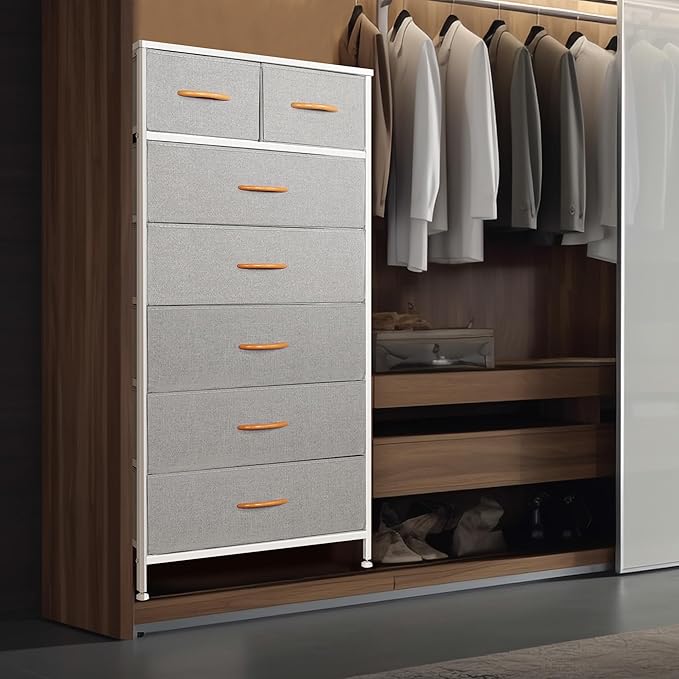 Mifuro Tall Dresser for Bedroom, Vertical Storage Organizer Tower with 7 Drawers, Chest of Drawers with Fabric Bins, Steel Frame, Wood Top for Bedroom, Closet, Entryway- Light Grey