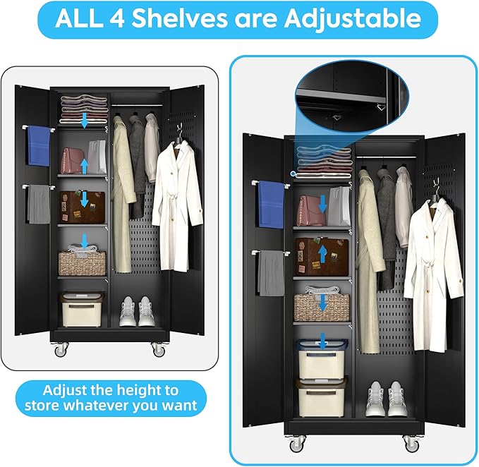 Broom Closet Storage Cabinet with Wheels, 5 Pegboard and 13 Hooks, Metal Garage Storage Cabinet with Doors and 4 Adjustable Shelves for Garage Home Bathroom, 17.7" D x 33.5" W x 70.87" H, Black