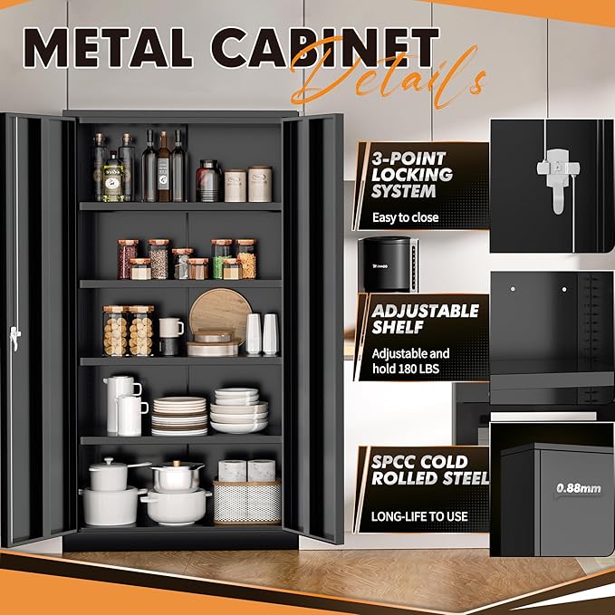 INTERGREAT Metal Storage Cabinet with Shelves, 72" Locking Steel Cabinets with 2 Door and 4 Adjustable Shelves, Tall Metal Cabinet for Home Office, Garage, Warehouse,Black
