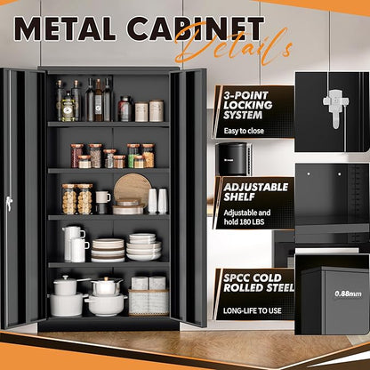INTERGREAT Metal Storage Cabinet with Shelves, 72" Locking Steel Cabinets with 2 Door and 4 Adjustable Shelves, Tall Metal Cabinet for Home Office, Garage, Warehouse,Black