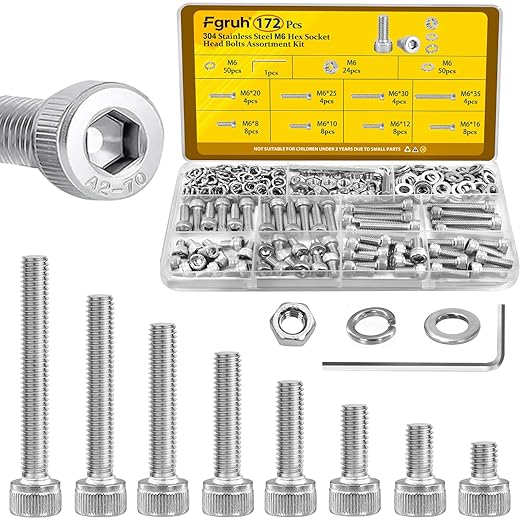172pcs M6 Screws Assortment kit, M6x8/10/12/16/20/25/30/35 mm Hex Socket Head Bolts Assorted Kit, 304 Stainless Steel Screw Set with Nuts, Flat & Lock Washers