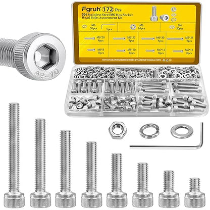 172pcs M6 Screws Assortment kit, M6x8/10/12/16/20/25/30/35 mm Hex Socket Head Bolts Assorted Kit, 304 Stainless Steel Screw Set with Nuts, Flat & Lock Washers