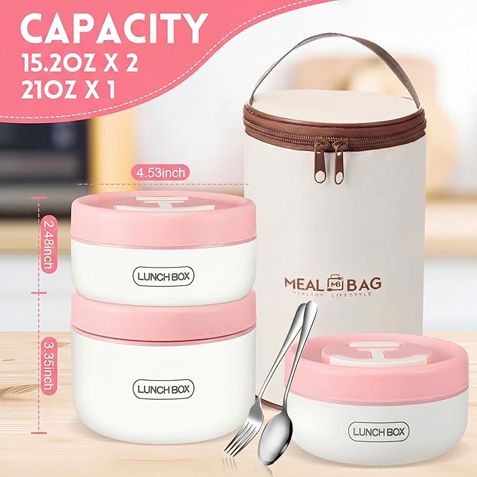 Dandat 3 Pcs Portable Insulated Lunch Container Set for Adult, Stackable Stainless Steel Bento Box for Hot Food with Insulated Lunch Bag Unisex 3 Separate Thermal Food Container (Pink)
