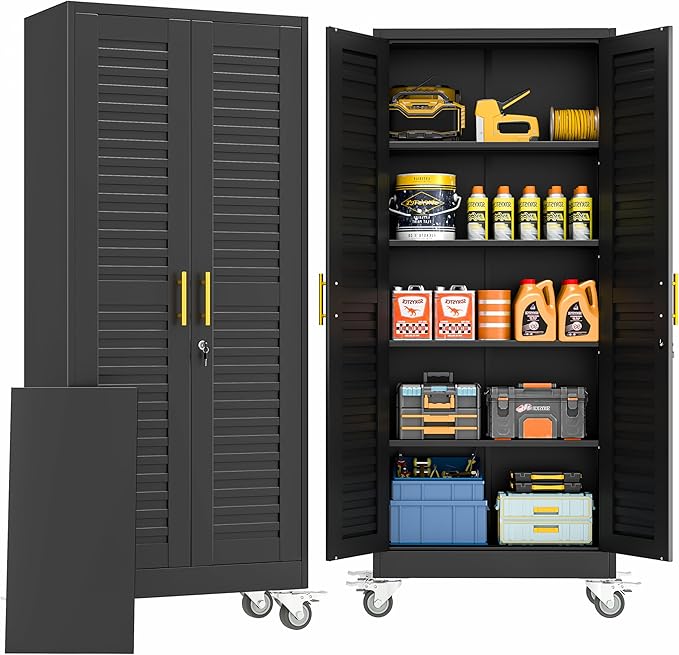 71" Storage Cabinet with 4 Adjustable Shelves, Locking Metal Tool Storage Cabinet with Wheels for Garage, Warehouse,Assembly Required, Black