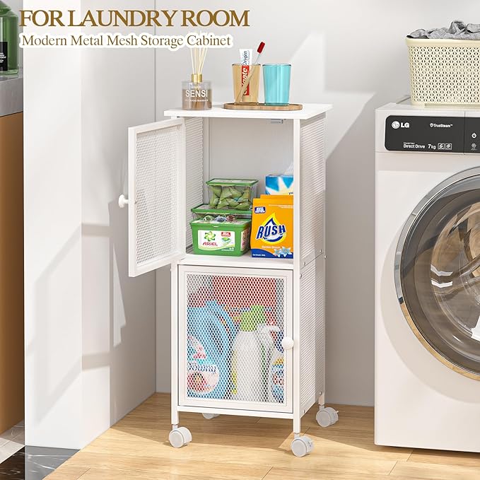 Small Bathroom Storage Cabinet with Movable Wheels, Wooden Bathroom Standing Shelf with 2 Metal Doors, Slim Bathroom Storage Cart for Small Spaces, Laundry, Kitchen, Narrow stand Storage Unit, White