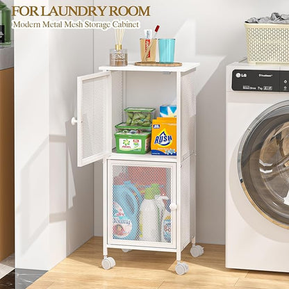 Small Bathroom Storage Cabinet with Movable Wheels, Wooden Bathroom Standing Shelf with 2 Metal Doors, Slim Bathroom Storage Cart for Small Spaces, Laundry, Kitchen, Narrow stand Storage Unit, White