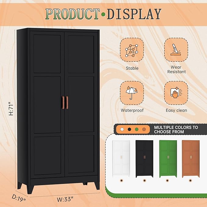 Bonusall 71" Metal Wardrobe,Steel Wardrobe Closet with Hanging Rod & Adjustable Shelves,Metal Storage Cabinet with 2 doors, Decorative Metal Closet with Handles for Bedroom,Home Office Entryway, Black