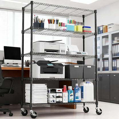 1750LBS 47.2" W 5 Tiers Storage Shelves Metal Shelving Unit with Wheels Heavy Duty Garage Shelving Adjustable Wire Shelves for Pantry,Kitchen,Garage,Basement,Black 17.7" D x 47.2" W x 76.8" H