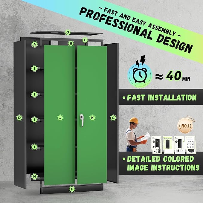 SUNCROWN 72" Metal Storage Cabinet - Heavy-Duty Metal Garage Cabinet with 4 Adjustable Shelves & 2 Doors for Tools, Office, Home, Workshop,Black & Green