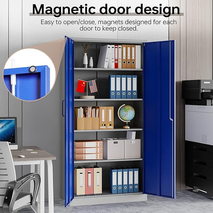 Metal Storage Cabinet with Lock, 71" Black Garage Cabinets with 2 Doors and 4 Adjustable Shelves, Steel Locking Caninet Tall Tool Storage Cabnet, Lockable File Caninets for Home Office, Pantry