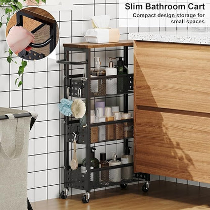 Utility Slim Storage Cart, Skinny Rolling Spice Rack with Table Top, Small Laundry Organizers and Storage Shelves for Between Washer and Dryer, Thin Shelf for Narrow Spaces, 4 Tier Bathroom Cabinet